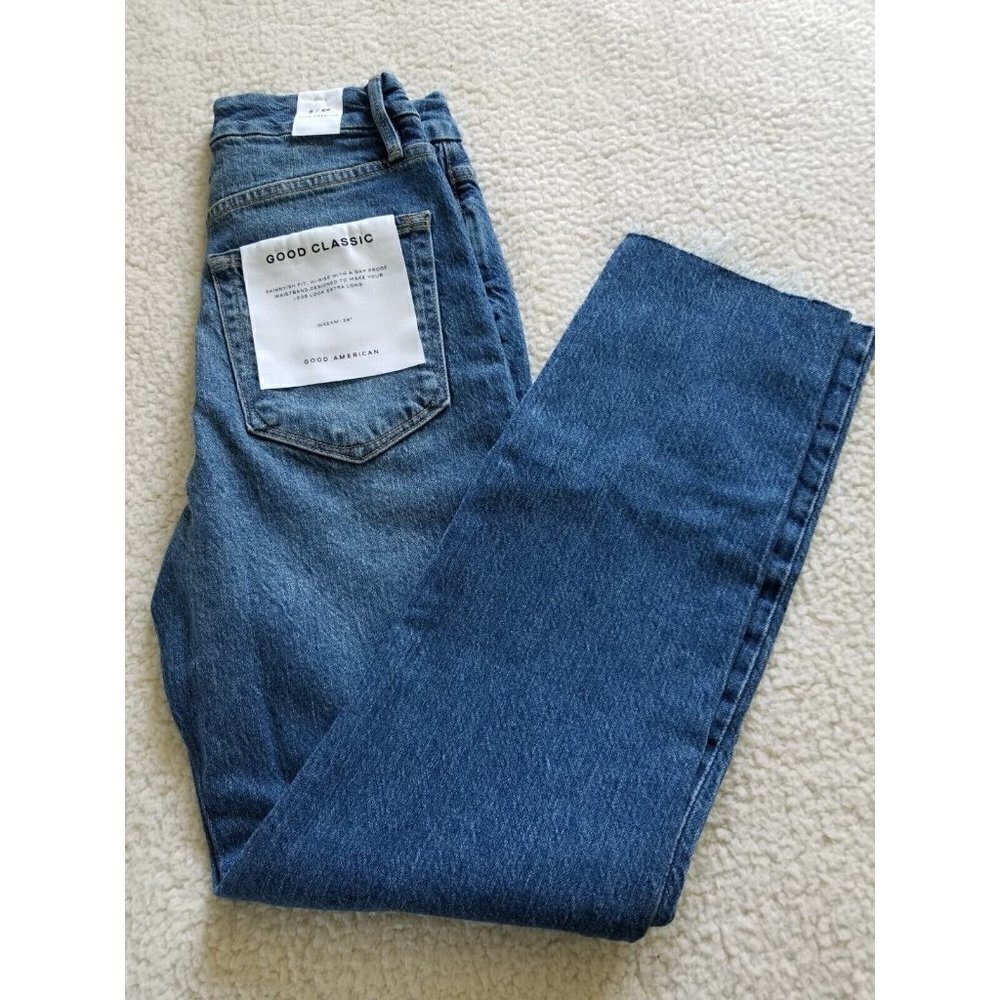 Good American Good Classic Skinnyish Fit Raw Hem Blue Hi-Rise Jeans Sz 2/26